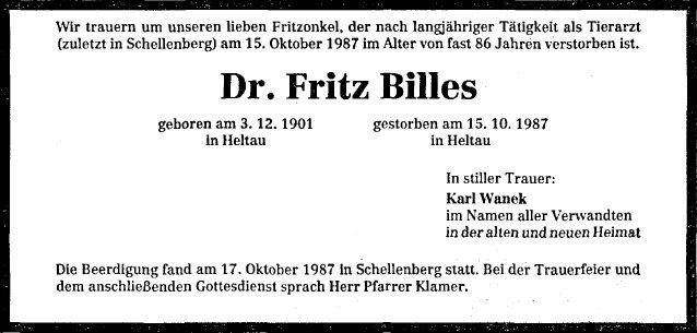 Billes Fritz 1901-1987 Todesanzeige